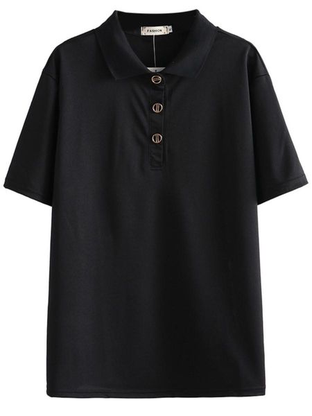 

t-shirt women's plus size tshirt cotton metal button 2022 summer short sleeve turndown collar, Black