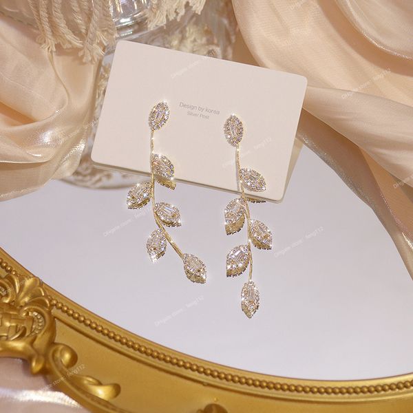 

juwang luxury plated 14k real gold leaves earring delicate micro inlaid cubic zircon cz stud earrings wedding jewelry pendant earringsstud e, Golden;silver