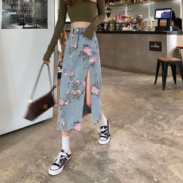 

skirts fashion floral jean skirts women spring autumn large size long skirts female high waist split denim skirt 230417, Black