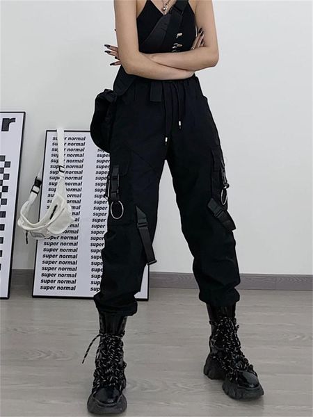 

capris qweek techwear gothic black cargo pants women punk streetwear hip hop joggers harajuku high waist ribbon loose female trousers, Black;white