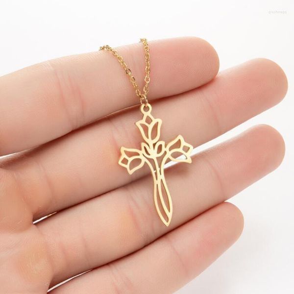 

fjxppendant necklaces 10pcs rose flower cross necklace stainless steel christ jesus religious crucifix pendants choker prayer baptism amul, Silver