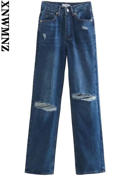 

jeans xnwmnz vintage jeans women 2022 fashion new ripped hole wide leg jeans blue high waist zipper fly female trousers mujer