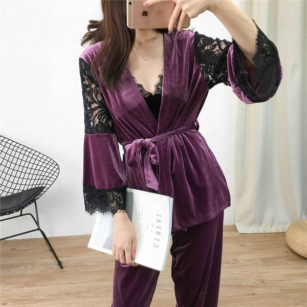 

women's sleep lounge lisacmvpnel 3 pcs gold velvet keep warm pajamas lace robe+nightdress+long pant set pyjama for women p230408