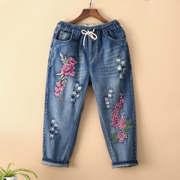 

jeans women high waist jeans capris new 2022spring summer vintage floral embroidery loose female casual ripped denim harem pants, Blue