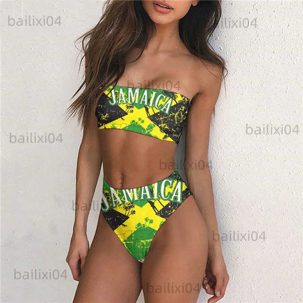 

women's swimwear jamaica flag print plus size swimwear women swimsuit beach bikini set ladies two piece bathing suit push up bandeau bi, White;black