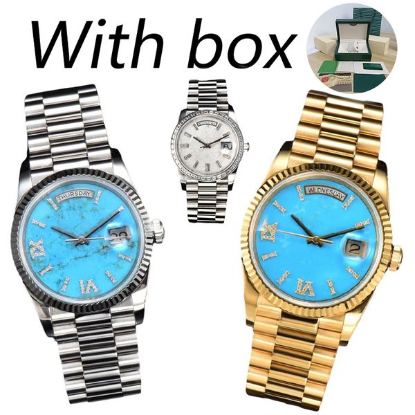 

Dhgate Women's Diamond Watch Week Day Date 36 turquoise Dial Diamond Ring Scratch resistant Blue Crystal Women's Fully Automatic Mechanical Watch Montre De Luxe, Wtach sapphire