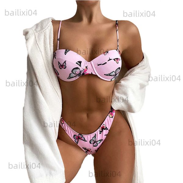 

women's swimwear fs 2022 new t style bikini set brazilian swimsuits swimwear two piece bathing suit pink butterfly print push up underw, White;black