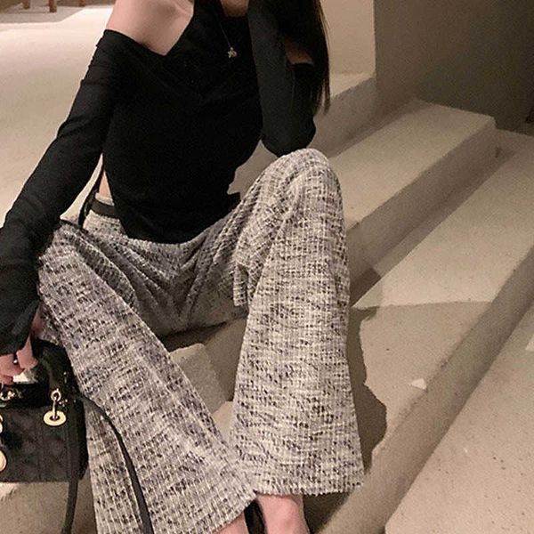 

relaxed pants high grade small fragrance medium high waisted wide leg pants with a drooping straight tube casual trend, Black;white