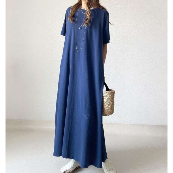 

2023 Summer New Loose Round Neck Short Sleeve Dress Vintage Elegant Mid Length Vestido Casual Streetwear Japan And Korean Style, Blue