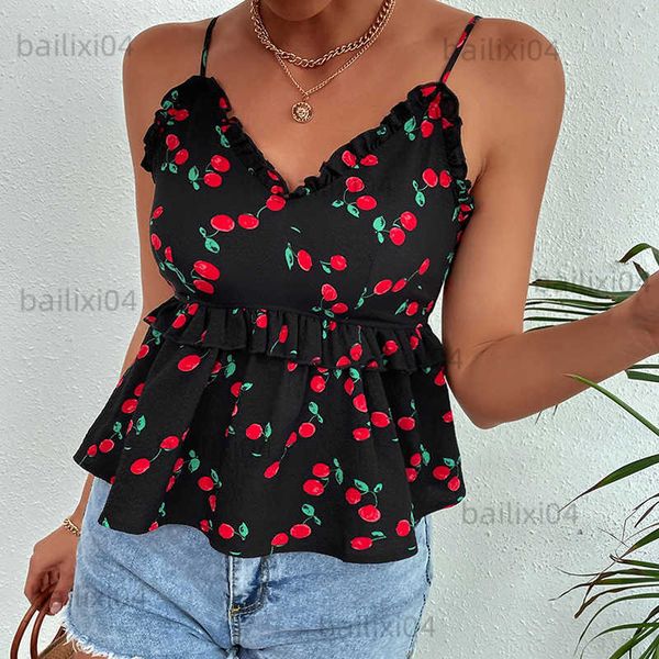 

women's tanks camis yemoggy cherry print camis for summer women camisole 2023 new v-neck strapless backless ruffle vest skinny tank t, White