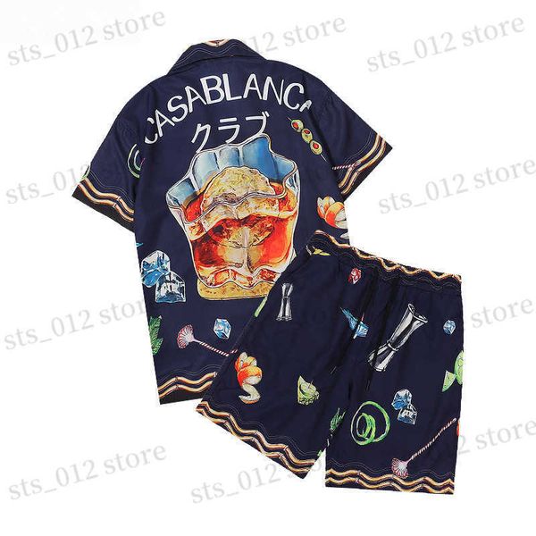 

tracksuits new men's casablanc shirts mens lucid dreams scenery color temperament satin short sleeve silk shirt shorts t230417, Gray