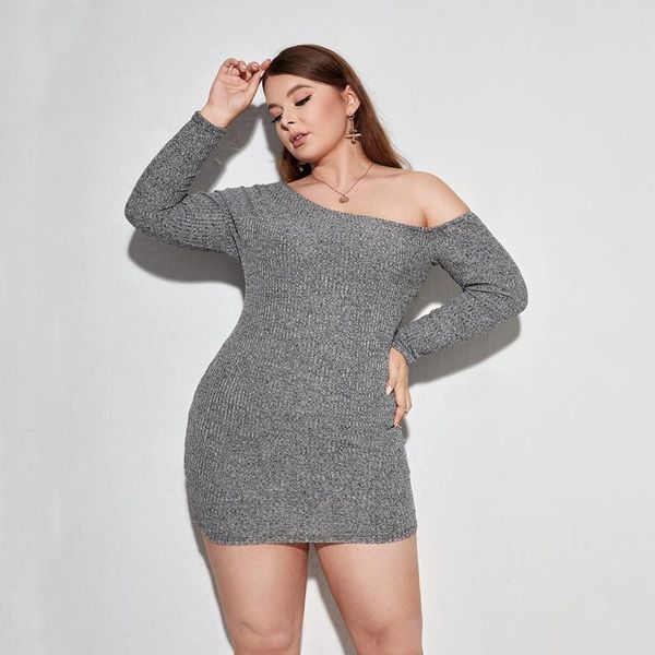 

dresses plus size oblique neck elegant spring autumn dress long sleeve off shoulder ribbed bodycon dress large size mini dress 7xl, Black
