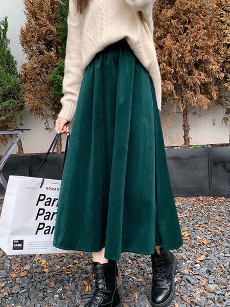 

capris new 2022 midi long corduroy skirt women autumn winter vintage elegant solid skirt female a line high waist midlength skirt lady, Black;white