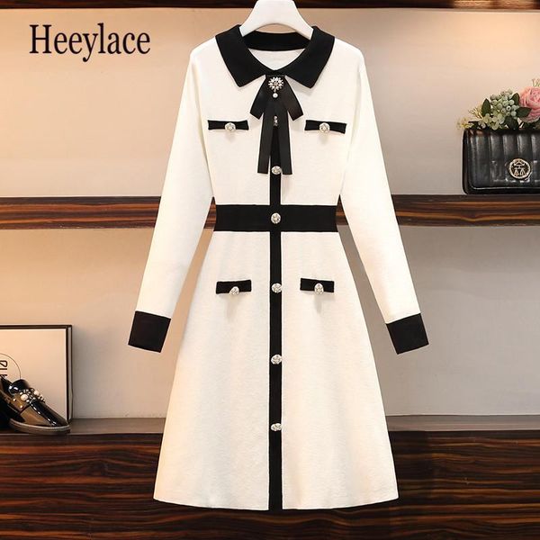 

dresses elegant women beading button knitted dress plus size chic autumn black white hit color pearl bowknot lapel collar sweater dress, Black;gray