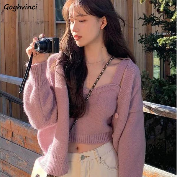 

women's tracksuits sets woman solid button tanks cardigan elegant allmatch sweet office ladies korean style fashion casual long sleeve, Gray