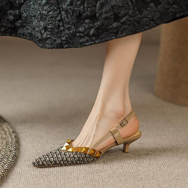 

vintage cover toe mouse heel rivets slingbacks women fashion kitten heel leather lady single shoes wedding dress shoes, Black