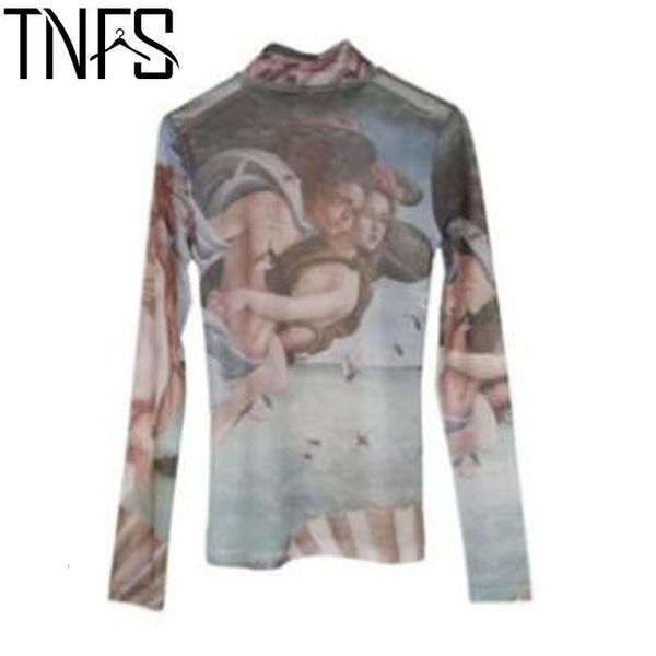 

women's tshirt yuerwang women t shirts tee mesh mesh shirts print long sleeve vintage spring summer women t shirts designer 230417, White