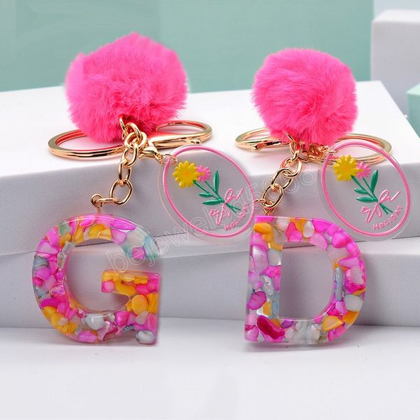 

cute acrylic letter keychains women handbag charms pink pompom flower pendant 26 alphabets keyrings girls jewelry gifts, Silver