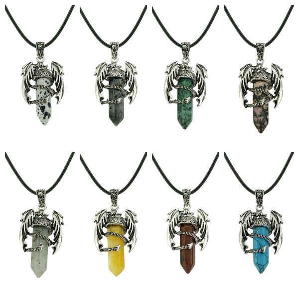 

vintage hexagonal column point pterosaur gemstone pendant necklace pterosaur copper pendant with black rope chain, Silver