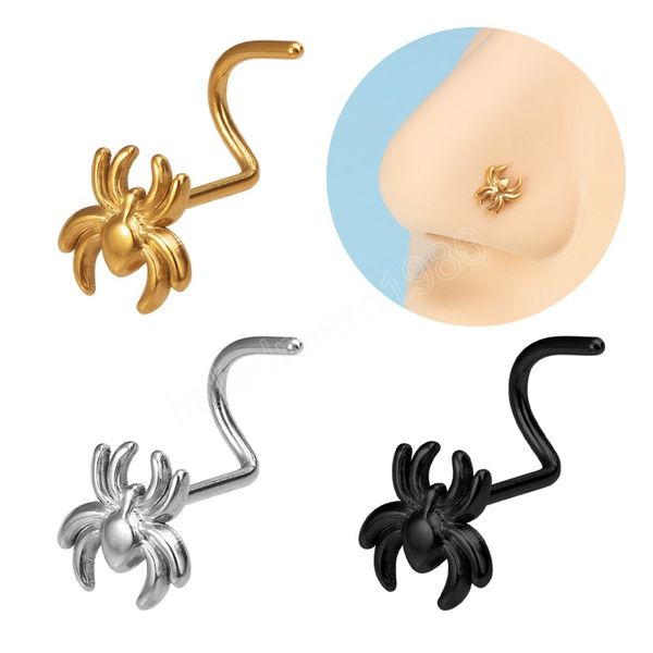 

spider nose studs nose piercing for women men stainless steel screw nostril ring nariz stud black punk body jewelry gift, Silver