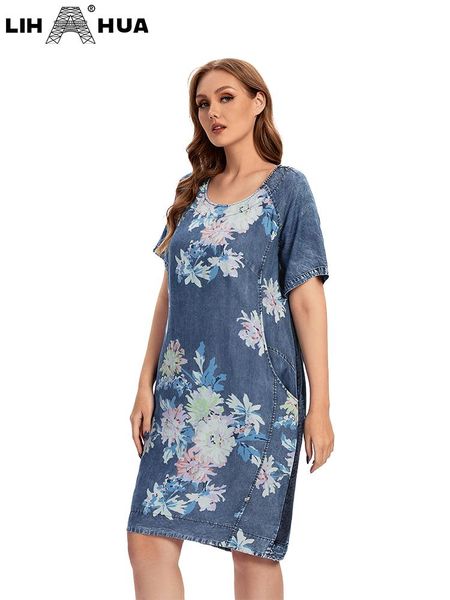 

dresses lih hua women's plus size denim print dress summer casual dress cotton woven denim short sleeve dress, Black