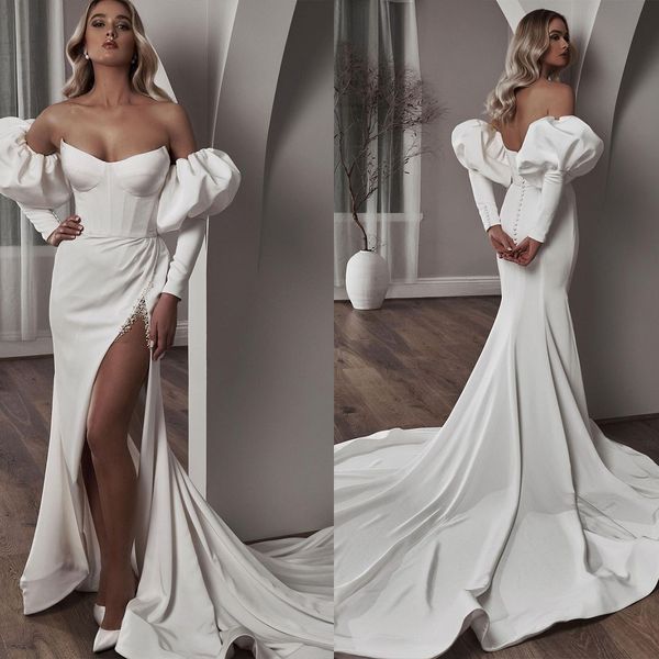 

gorgeous mermaid wedding dresses strapless high side split design pleats backless zipper chapel gown custom made plus size bridal gown vesti, White