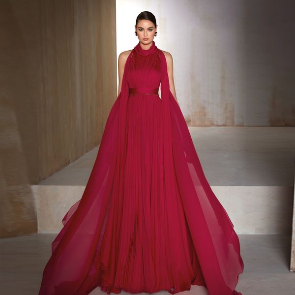 

fabulous high neck a line evening dresses v cut back prom gowns chiffon draped bohemian formal dress, Black;red