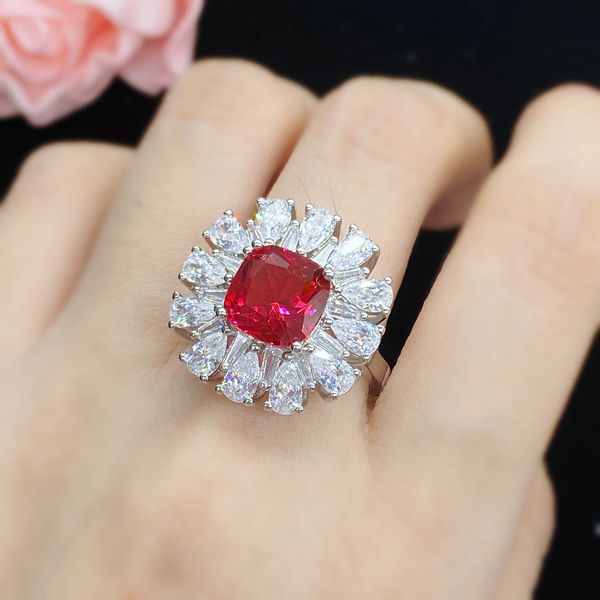 

luxury flower ruby diamond finger ring 925 sterling silver party wedding band rings for women promise engagement jewelry, Slivery;golden