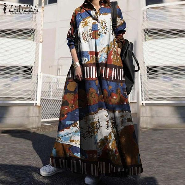 

dresses vintage printed shirt dress women's autumn sundress zanzea 2022 casual long sleeve maxi vestidos female floral button robe s, Black;gray