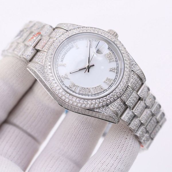 

mens watch 41mm white dial mechanical movement automatic watches stainless steel diamond strap casual wristwatch orologio di lusso, Slivery;brown