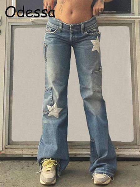 

jeans odessa star print y2k jeans for women streetwear low waist pocket vintage harajuku straightleg denim pants 2022 autumn female, Blue