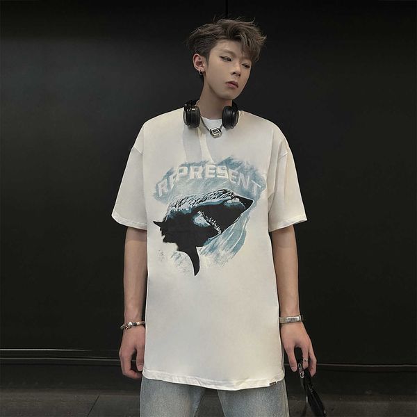 

2023 fashion men's and women's t shirts uk high street brand representative niche trendy great white shark wash loose fitting shor