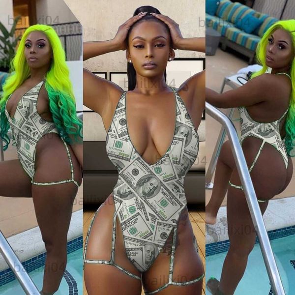

women's swimwear woman monokini usa money printed backless v neck hollow out swimsuit s-3xl ys273 t230417, White;black