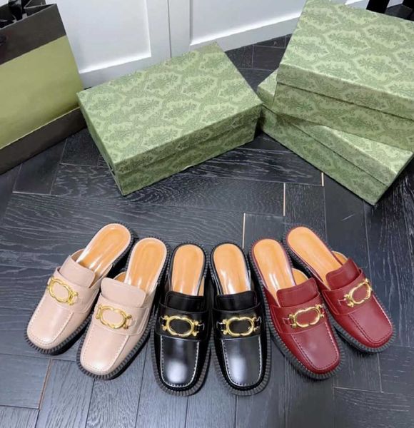 

2023 new style metal double letter slipper womens summer flat bottom half slipper luxury leather women leisure loafer shoes sandals beach sh, Black