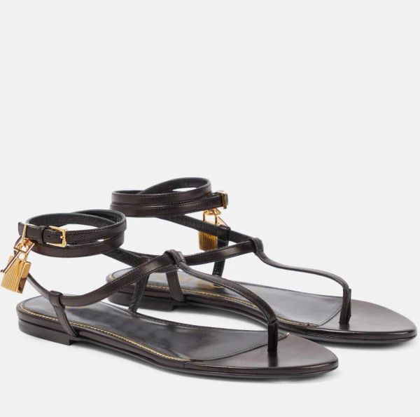 

brand elegant padlock leather thong sandals shoes lock key crisscross ankle straps casual walking lady sandalias slippers eu35-43, Black