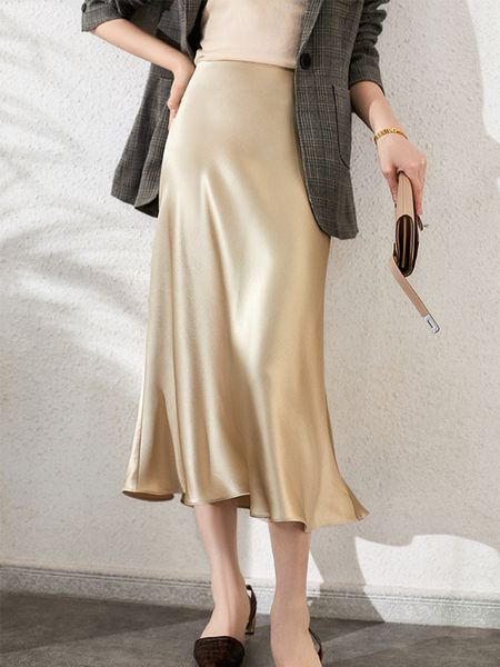 

skirt high waisted silk satin s aline elegant s summer pink midi korean style pencil skirt 2023 230417, Black