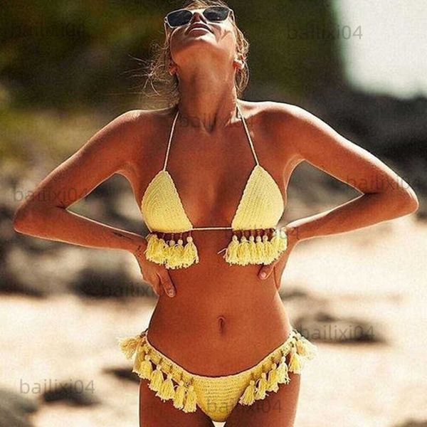

women's swimwear handmade crochet bikini set laca lita and tassels bead women swimwear swimsuit t230417, White;black