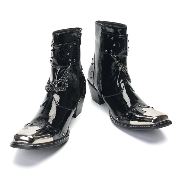

autumn mens high heel genuine leather buckle boots iron square toe chains cowboy boots mens wedding party ankle boots chelsea, Black