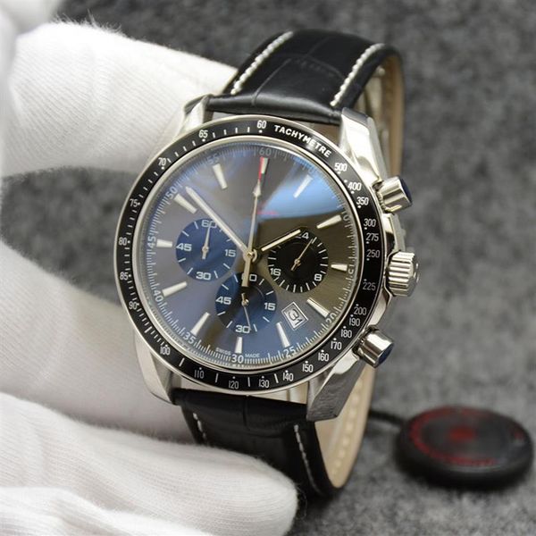 

44mm quartz chronograph date mens watches grey dial black leather band fixed bezel with a ring showing tachymeter markings255u, Slivery;brown