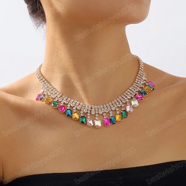 

luxury multicolor crystal statement choker necklace for women rhinestone collar necklaces wedding party jewelry, Golden;silver