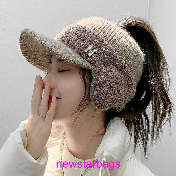 

original edition designer herms hat for sale women's winter riding knitted ear protection duck tongue fashion versatile plus plush warm, Blue;gray