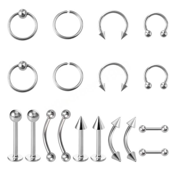 

18pcs hoop nose septum ring lip piercing surgical steel belly rings eyebrow labret stud earrings cartilage body jewelry set, Silver