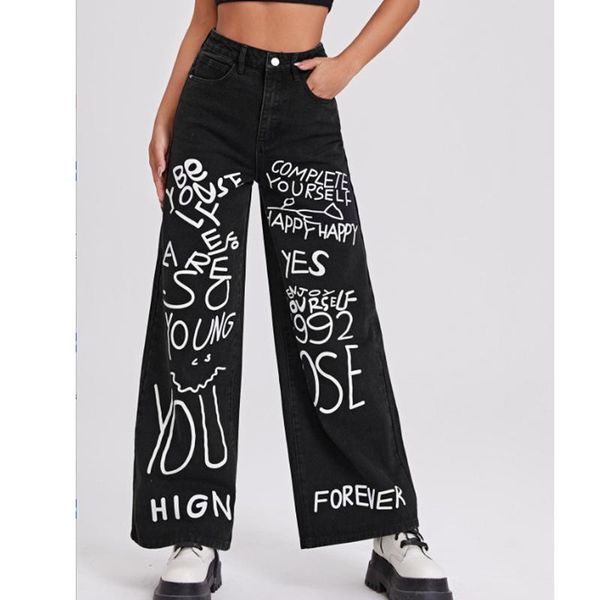 

jeans 2022 summer loose cotton jeans for women hip hop letters graffiti wide leg jeans y2k pants high waisted streetwear casual ladies, Blue
