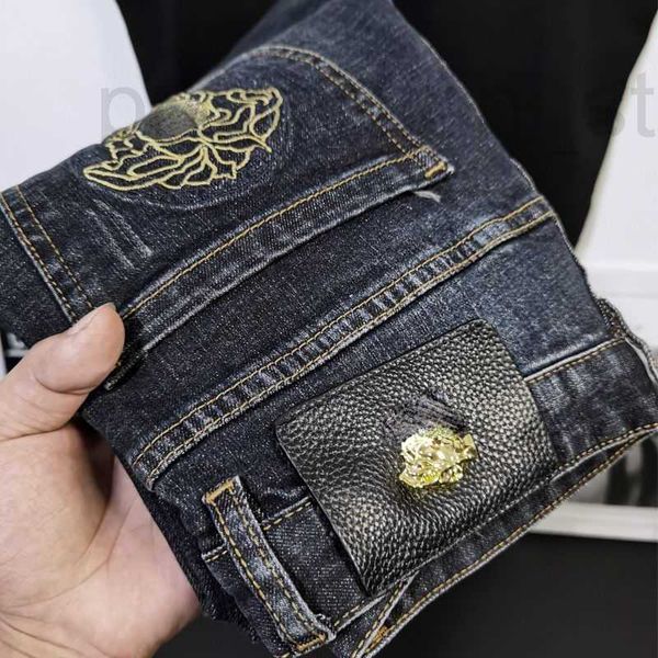 

men's jeans designer plus size men medusa embroidered hole trousers pants mens fashion dark blue casual denim 4858 xalb