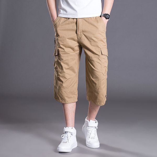 

men's shorts summer men's baggy multi pocket cargo straight shorts breeches male long army green khaki mens loose short plus size, White;black