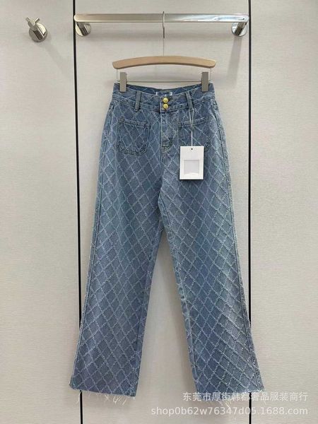

shenzhen nanyou ch xiaoxiang lingge worn washed and worn jacquard jeans high waist slim floor dragging pants, Blue