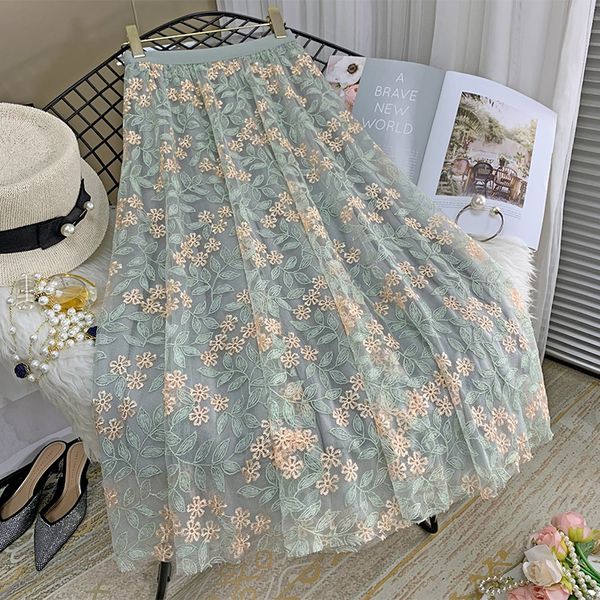 

skirts vintage embroidery tulle skirt women spring flower elastic high waist pleated midi skirt korean style elegant a-line mujer falda 2304, Black
