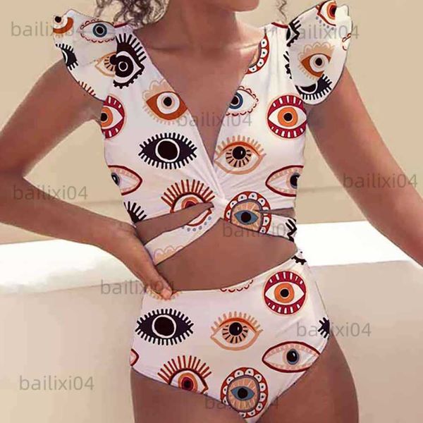 

women's swimwear white eye print swimsuit fashion ruffled hollow out two piece bikini deep v backless swimsuit high waist slim thong 20, White;black