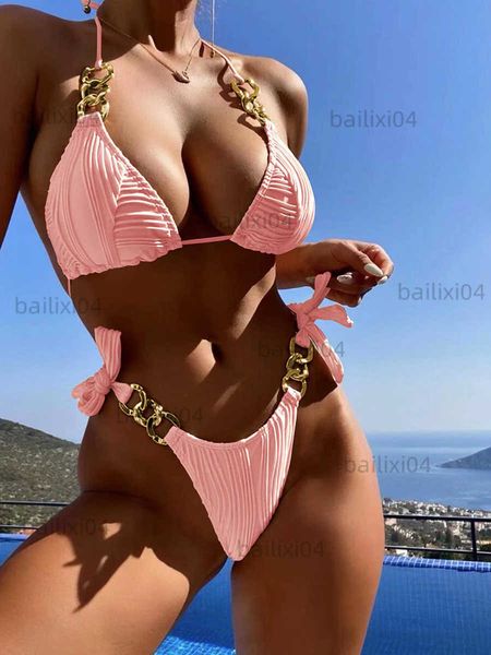 

women's swimwear chain halter bikini 2023 woman swimsuit push up swimwear women summer thong bikinis set swim female bathing suit beach, White;black