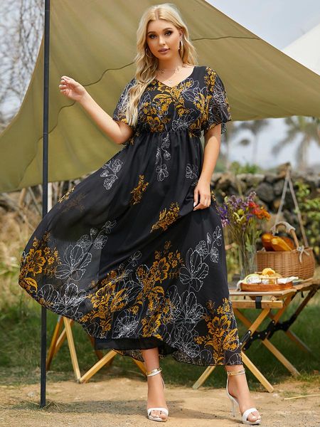 

dresses 2021 women's summer sundresses plus size 5xl female v neck short sleeve floral print casual beach dress large maxi party dresse, Black